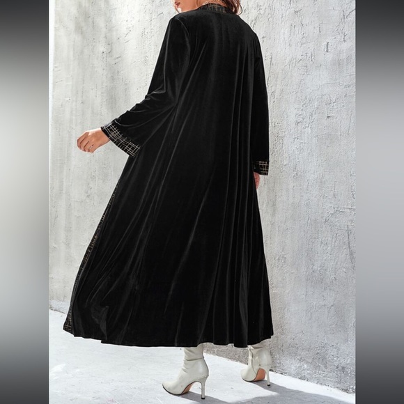 SHEIN Najma Geo Trim Open Front Black Velvet Abaya Maxi Cardigan Without Belt - Picture 2 of 6